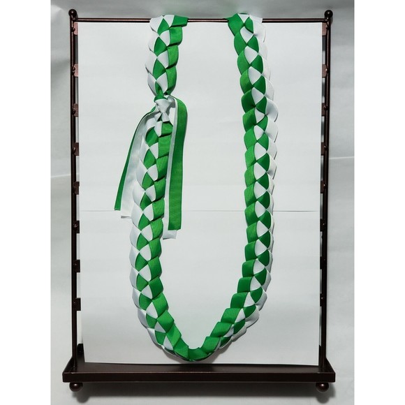 Hawaiian Graduation Lei 2-Ribbon Handmade Green & White Customize (Choose Color) - Picture 2 of 4